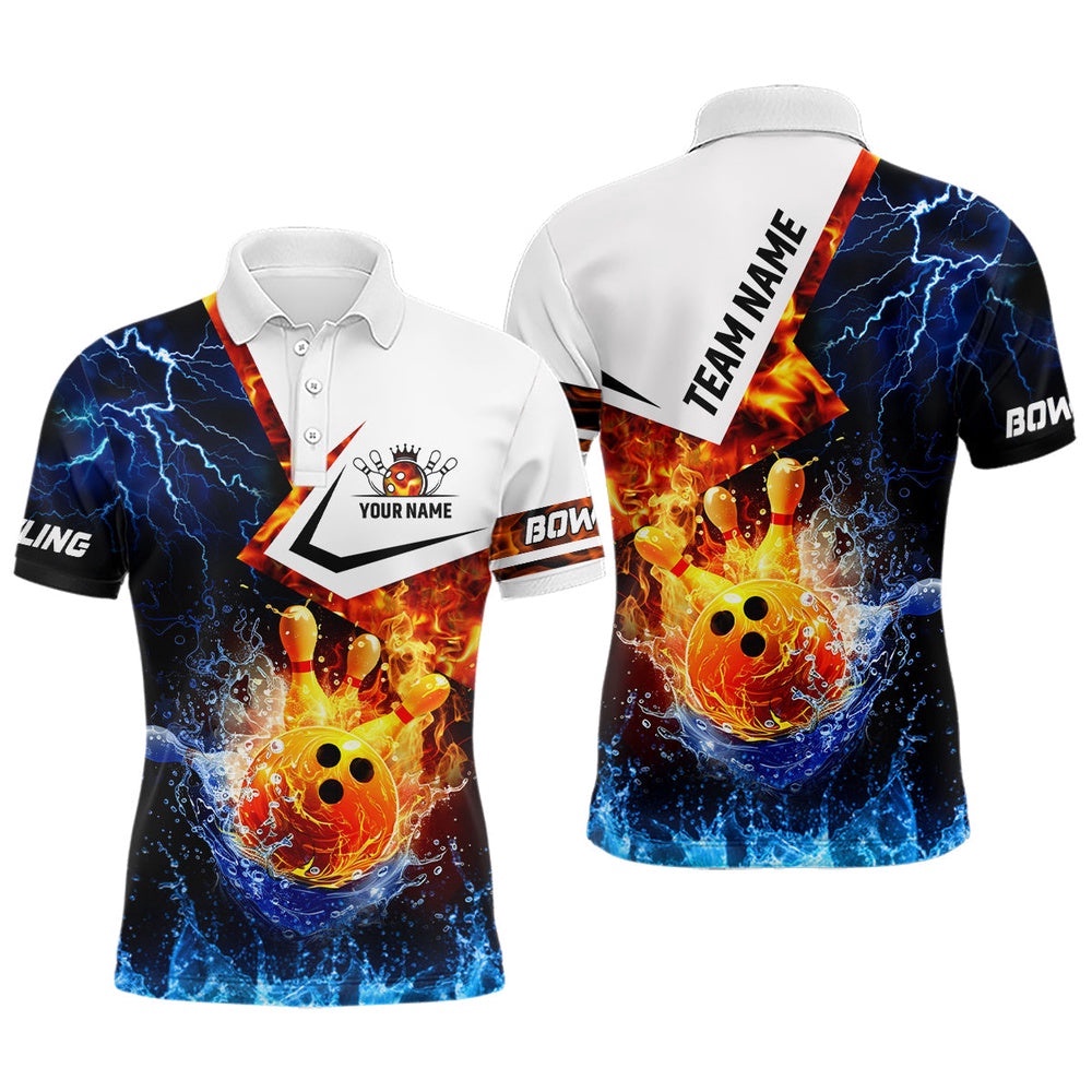 Fire And Water Bowling Ball Pins Bowling Shirts For Men Custom Lightning Team Bowling Polo Shirt, Personalized Bowling Team Shirt Fire And Water Bowling Ball Pins Bowling Shirts For Men Custom Lightning Team Bowling Polo Shirt, Personalized Bowling Team Shirt