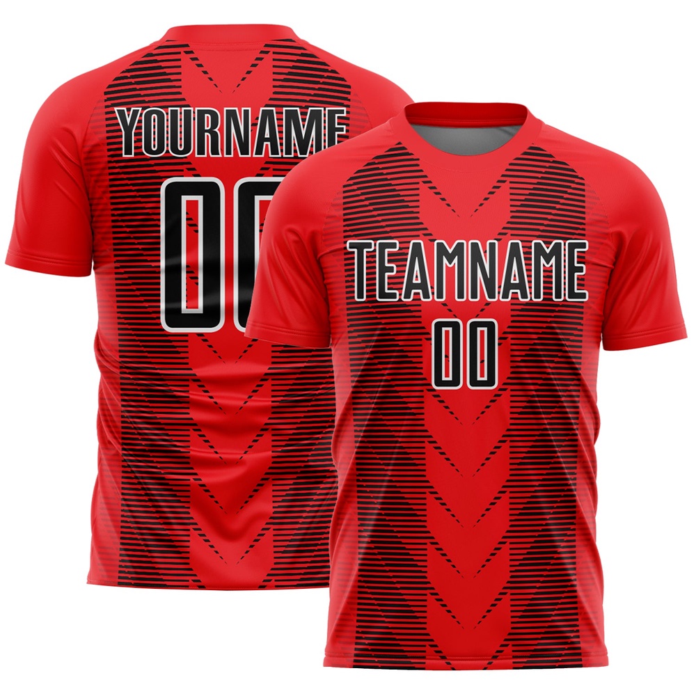 Fire Red Black White Lines Sublimation Soccer Uniform Jersey, Custom Team Soccer Jersey Shirt Fire Red Black White Lines Sublimation Soccer Uniform Jersey, Custom Team Soccer Jersey Shirt