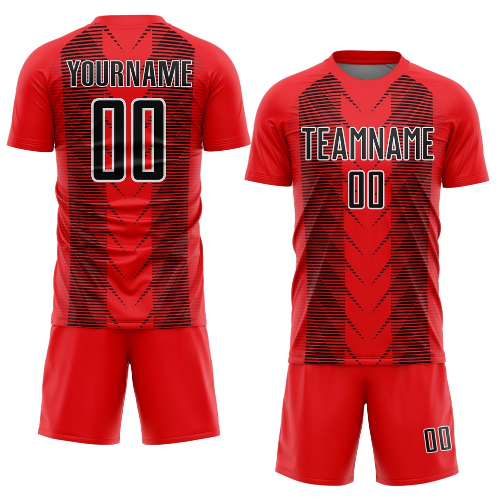 Fire Red Black White Lines Sublimation Soccer Uniform Jersey, Custom Team Soccer Jersey Shirt Fire Red Black White Lines Sublimation Soccer Uniform Jersey, Custom Team Soccer Jersey Shirt