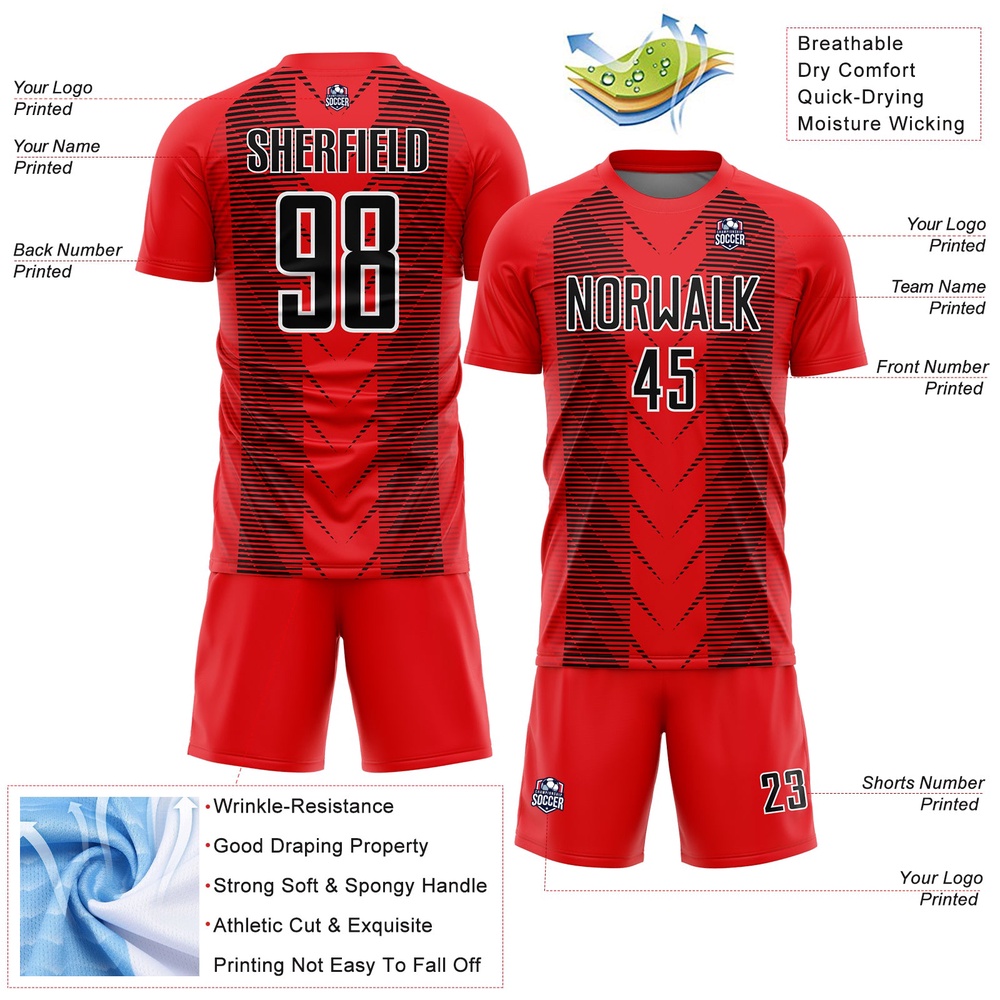 Fire Red Black White Lines Sublimation Soccer Uniform Jersey, Custom Team Soccer Jersey Shirt Fire Red Black White Lines Sublimation Soccer Uniform Jersey, Custom Team Soccer Jersey Shirt