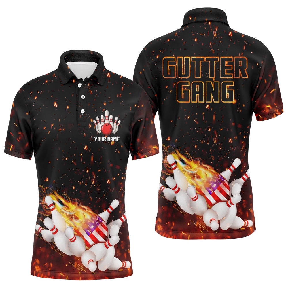 Flame American Flag Bowling Polo Shirt For Men Custom Gutter Gang Team Bowling Shirts, Personalized Bowling Team Shirt Flame American Flag Bowling Polo Shirt For Men Custom Gutter Gang Team Bowling Shirts, Personalized Bowling Team Shirt