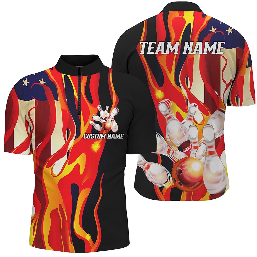 Flame American Flag Bowling Team Shirts For Men And Women, Patriotic Bowling Jersey, Custom Bowling Team Jersey Shirt