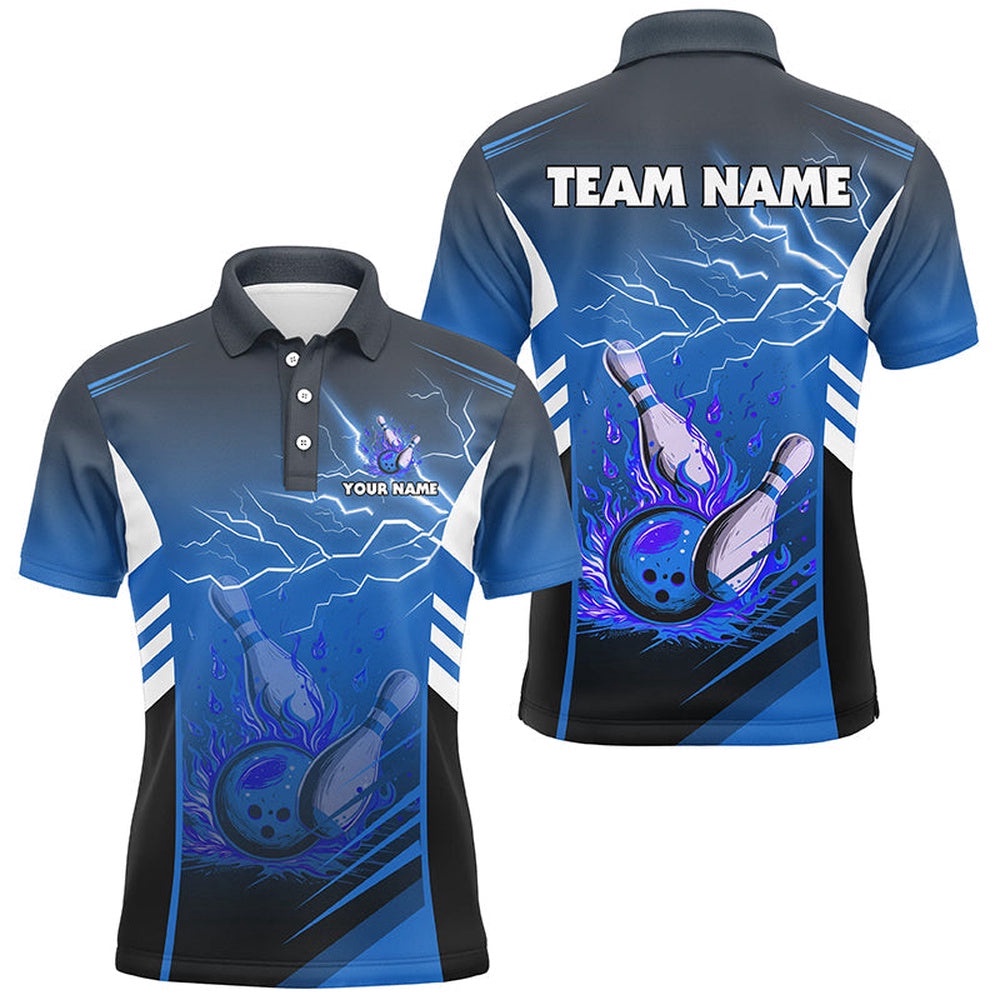 Flame Bowling Ball And Pins Lightning Custom Men Bowling Polo Shirts, Team Bowling Polo Shirt Blue, Personalized Bowling Team Shirt Flame Bowling Ball And Pins Lightning Custom Men Bowling Polo Shirts, Team Bowling Polo Shirt Blue, Personalized Bowling Team Shirt