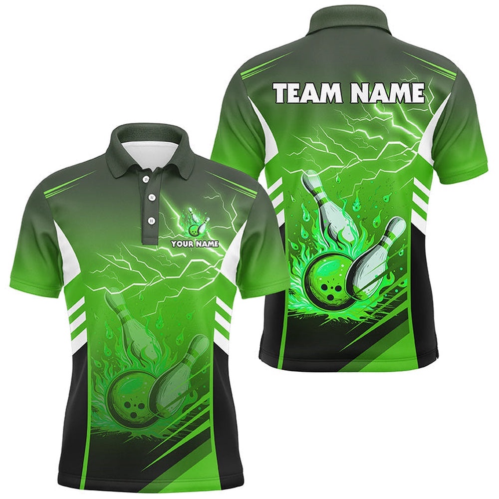 Flame Bowling Ball And Pins Lightning Custom Men Bowling Polo Shirts, Team Bowling Polo Shirt Green, Personalized Bowling Team Shirt Flame Bowling Ball And Pins Lightning Custom Men Bowling Polo Shirts, Team Bowling Polo Shirt Green, Personalized Bowling Team Shirt