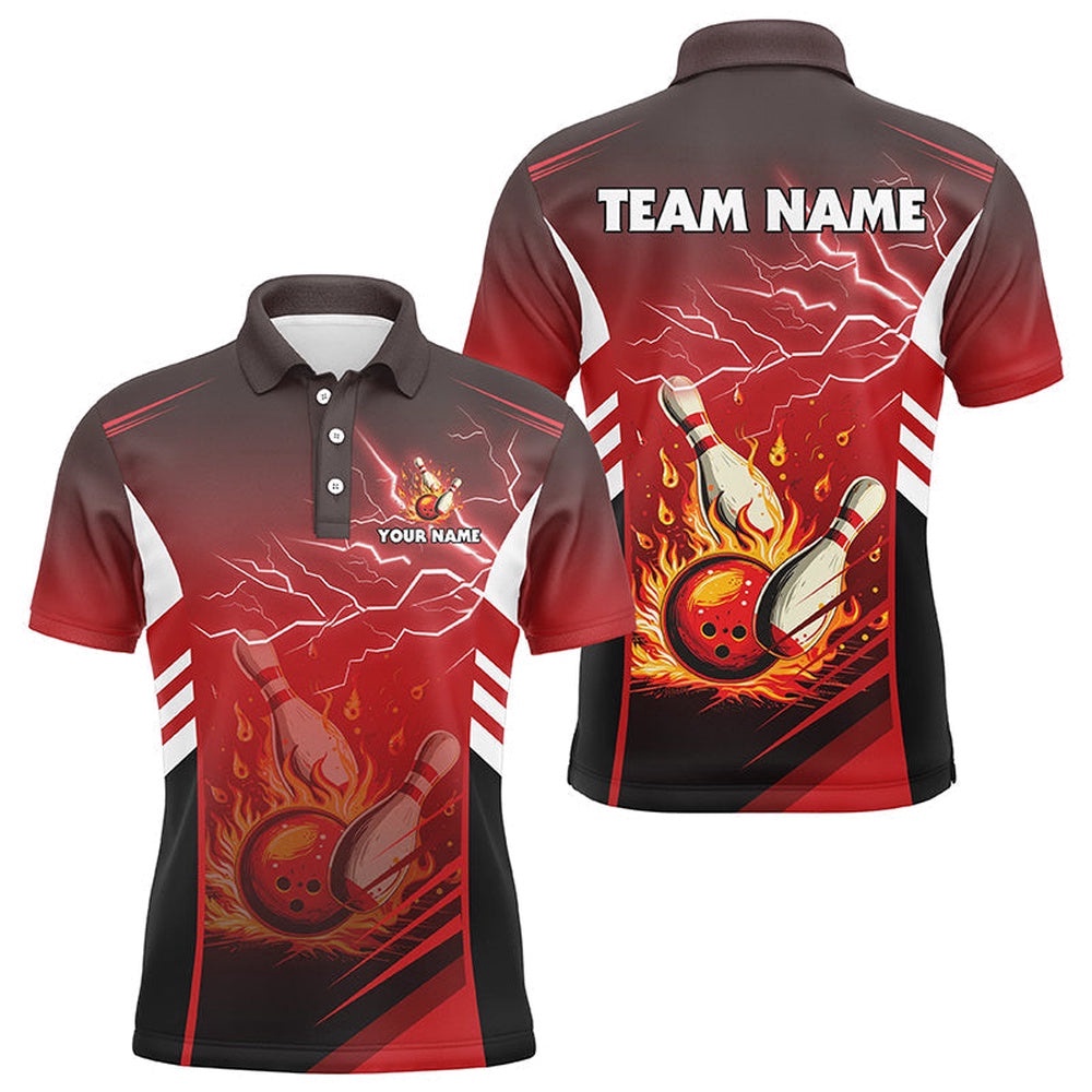 Flame Bowling Ball And Pins Lightning Custom Men Bowling Polo Shirts, Team Bowling Polo Shirt Red, Personalized Bowling Team Shirt Flame Bowling Ball And Pins Lightning Custom Men Bowling Polo Shirts, Team Bowling Polo Shirt Red, Personalized Bowling Team Shirt