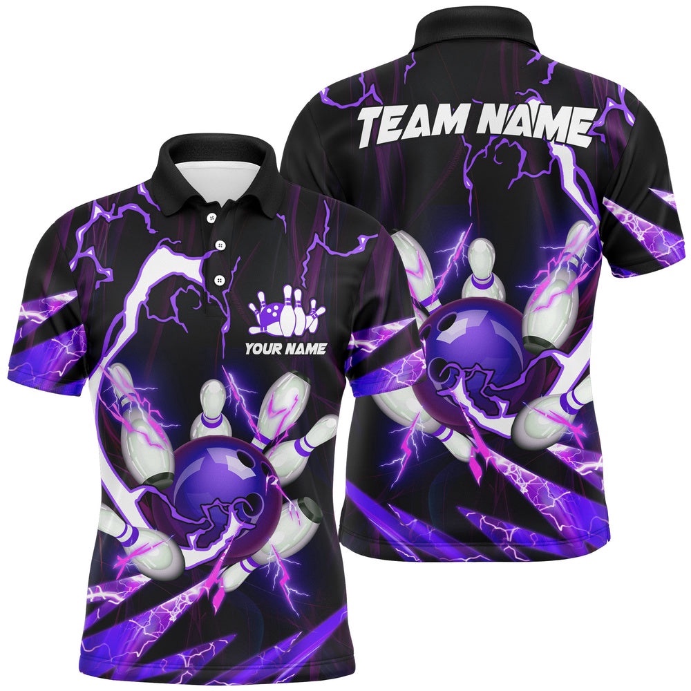 Flame Lightning Thunder Bowling Ball And Pins Polo Shirt Custom Team Bowling Polo Shirts For Men Purple, Personalized Bowling Team Shirt Flame Lightning Thunder Bowling Ball And Pins Polo Shirt Custom Team Bowling Polo Shirts For Men Purple, Personalized Bowling Team Shirt
