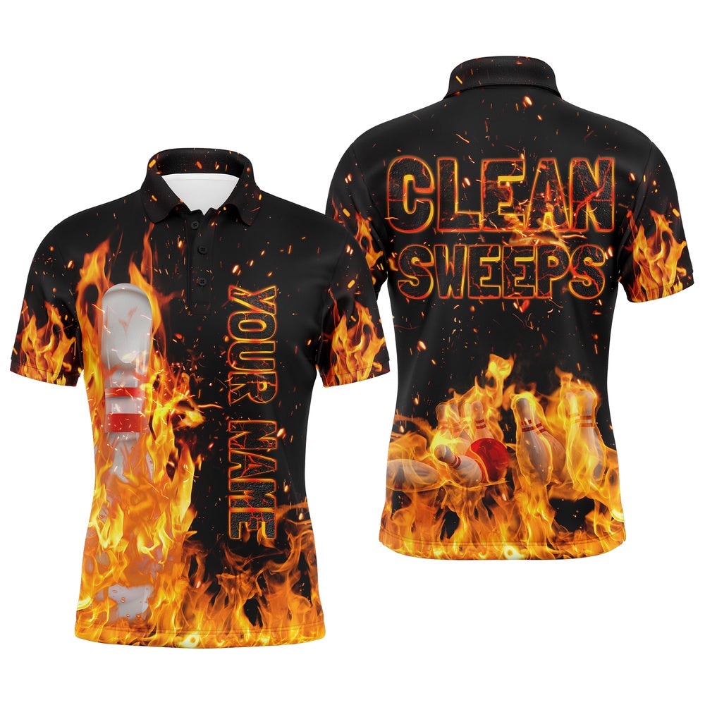 Flame Men Polo Bowling Shirt, Clean Sweeps Team Bowlers Polo Shirt, Personalized Bowling Team Shirt Flame Men Polo Bowling Shirt, Clean Sweeps Team Bowlers Polo Shirt, Personalized Bowling Team Shirt