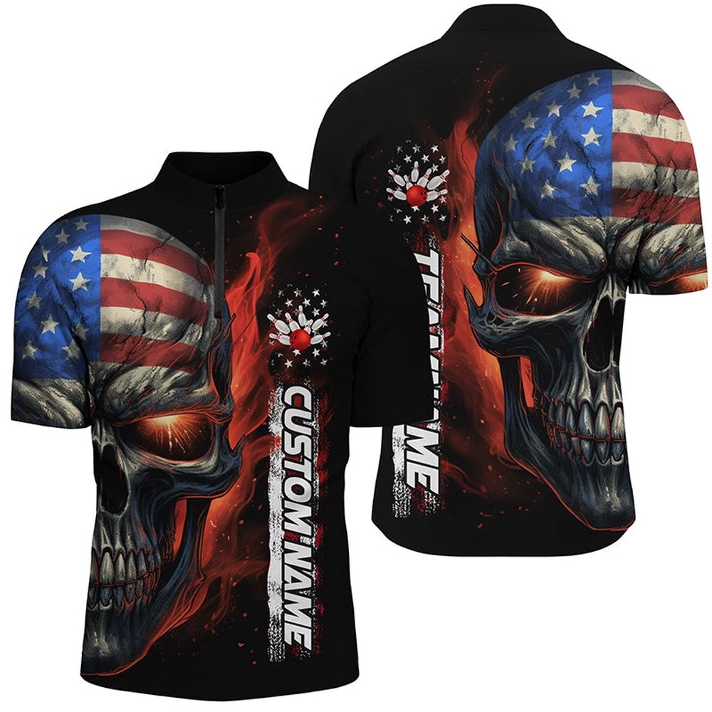 Flame Skull American Flag Team Bowling Shirts For Men, Patriotic Bowling Shirt Jersey, Custom Bowling Team Jersey Shirt