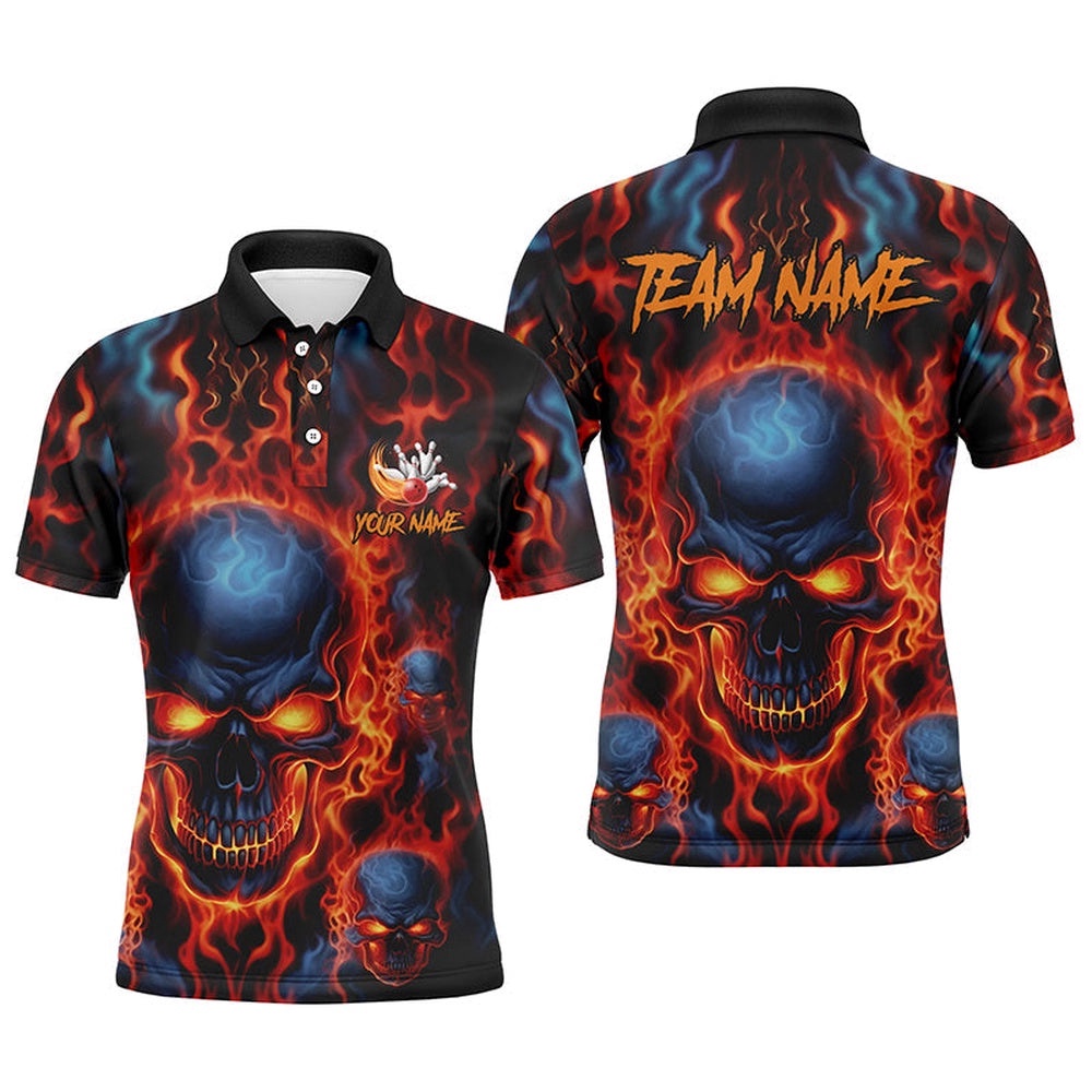 Flame Skull Bowling Polo Shirts For Men With Custom Names, Team Bowling Polo Shirt Bowler Outfit, Personalized Bowling Team Shirt Flame Skull Bowling Polo Shirts For Men With Custom Names, Team Bowling Polo Shirt Bowler Outfit, Personalized Bowling Team Shirt