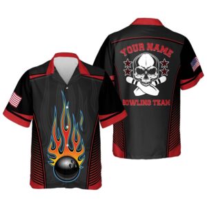 Flame Skull Button-UpHawaiian Shirt, Custom Bowling Shirt,…