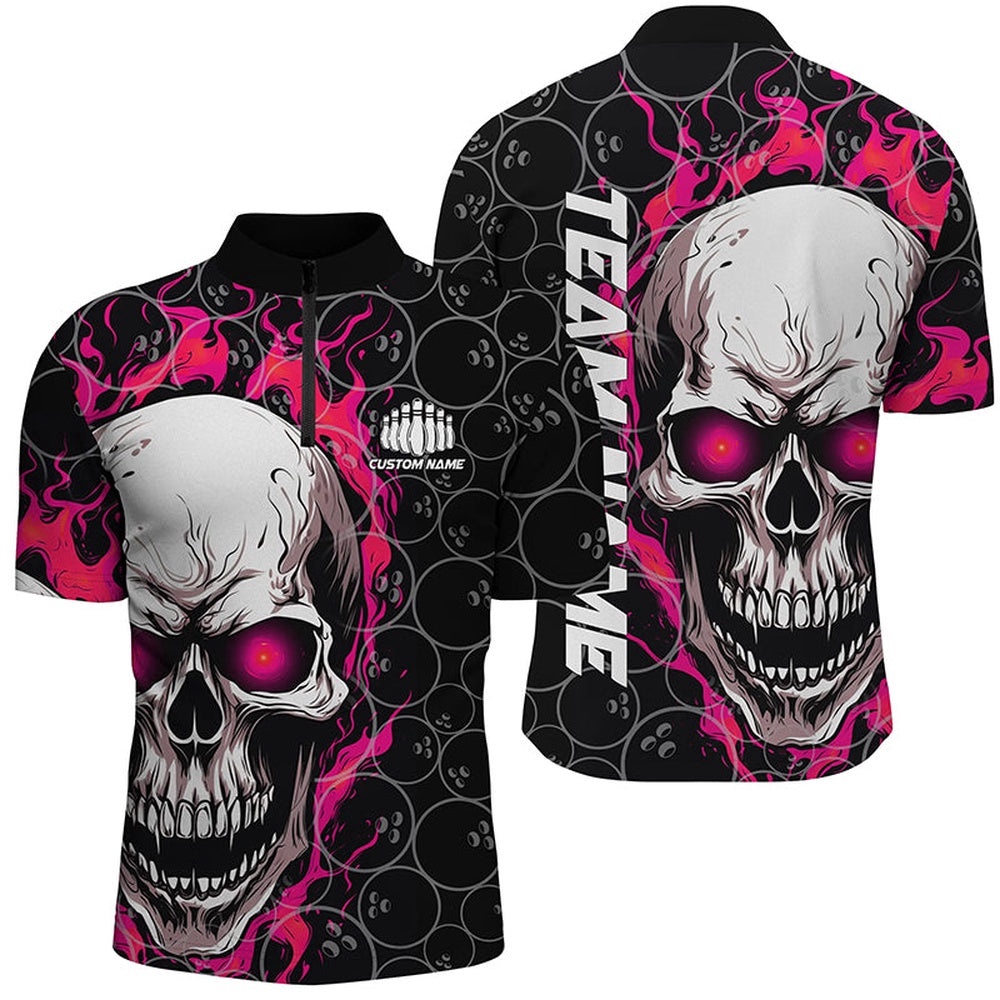 Flaming Skull Team Bowling Shirts For Men, Halloween Bowling Jersey Pink, Custom Bowling Team Jersey Shirt