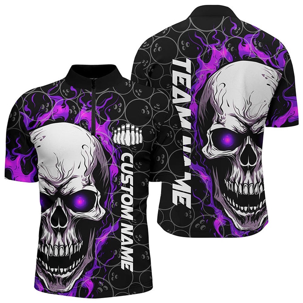 Flaming Skull Team Bowling Shirts For Men, Halloween Bowling Jersey Purple, Custom Bowling Team Jersey Shirt Flaming Skull Team Bowling Shirts For Men, Halloween Bowling Jersey Purple, Custom Bowling Team Jersey Shirt