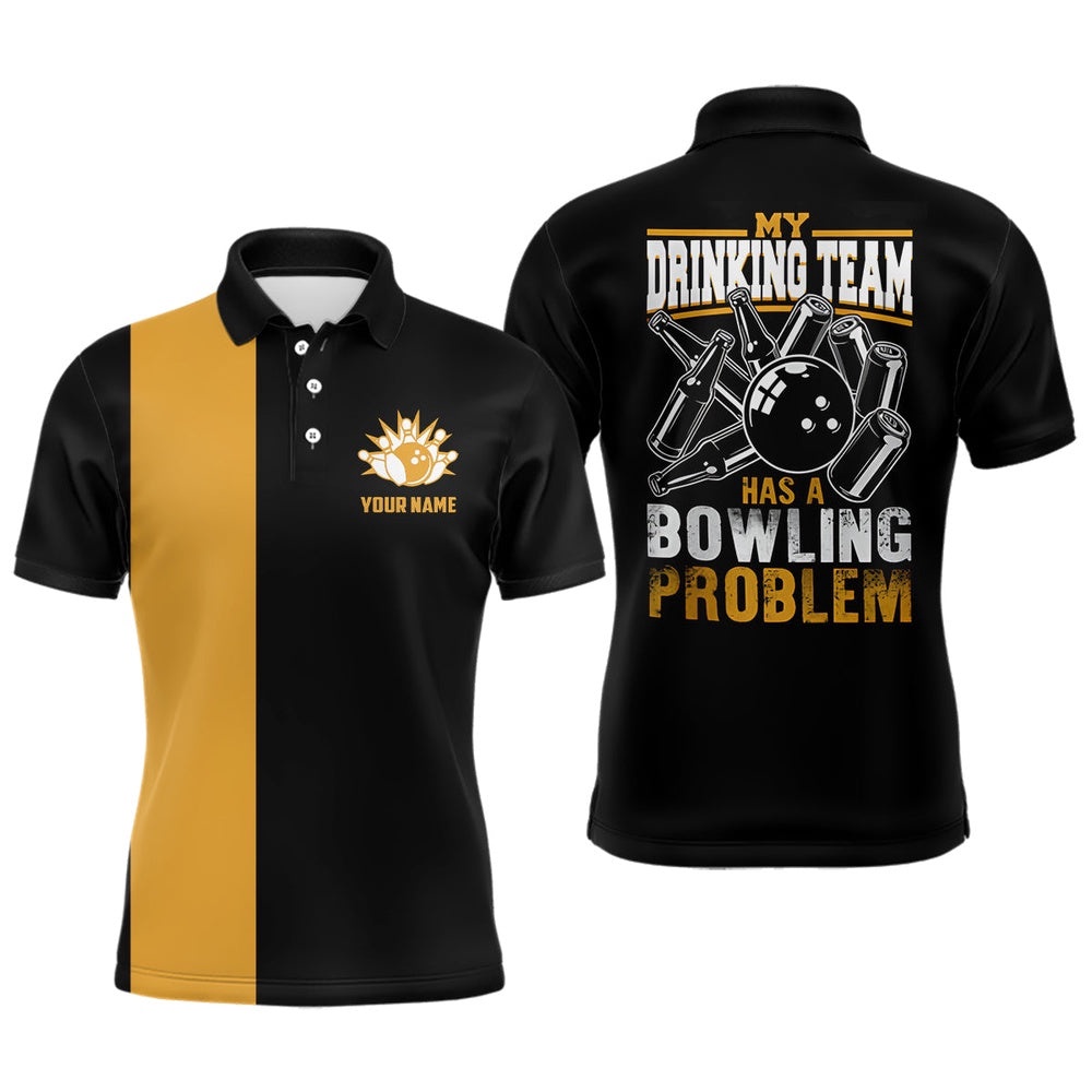 Funny Black Yellow Retro Bowling Polo Shirts For Men Custom My Drinking Team Has A Bowling Problem, Personalized Bowling Team Shirt Funny Black Yellow Retro Bowling Polo Shirts For Men Custom My Drinking Team Has A Bowling Problem, Personalized Bowling Team Shirt