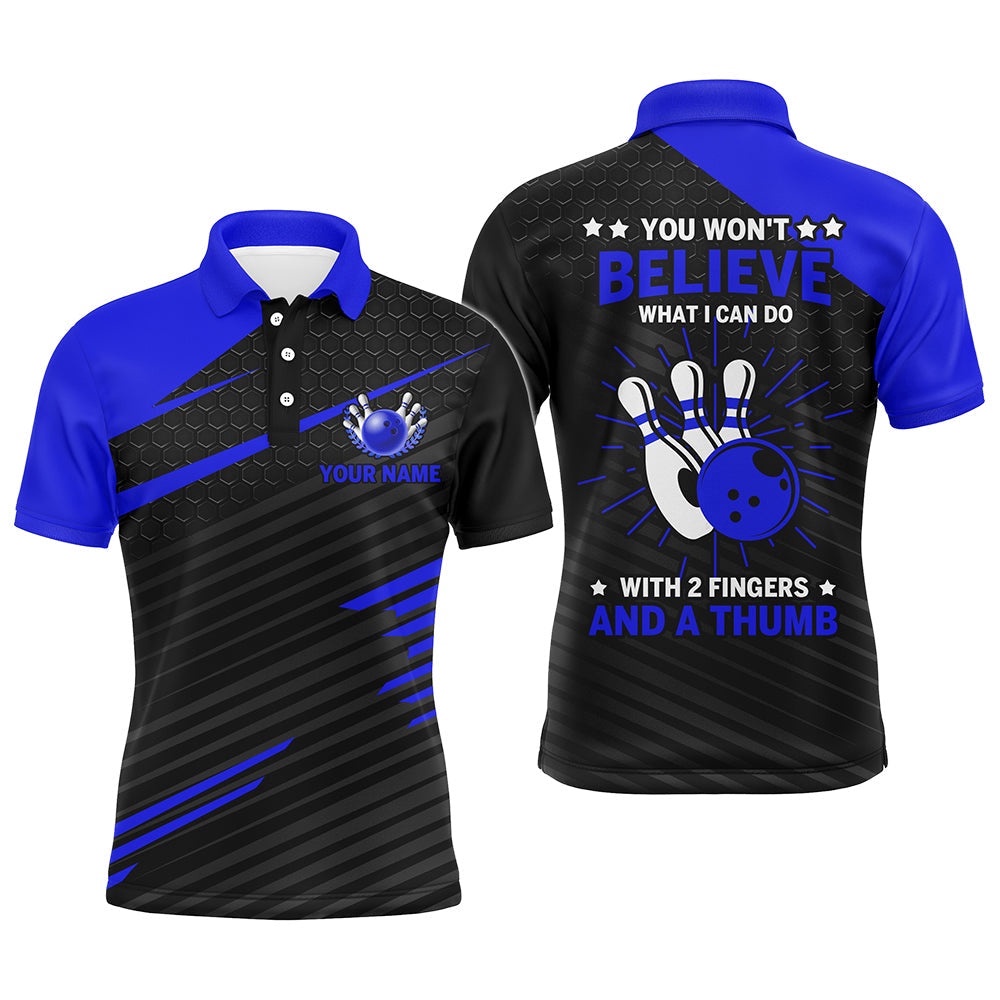 Funny Bowling Polo Shirt For Men, Blue & Black Custom Bowling Polo Shirt, Fingers And A Thumb, Personalized Bowling Team Shirt Funny Bowling Polo Shirt For Men, Blue & Black Custom Bowling Polo Shirt, Fingers And A Thumb, Personalized Bowling Team Shirt