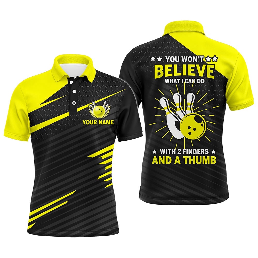 Funny Bowling Polo Shirt For Men, Yellow & Black Custom Bowling Polo Shirt, Fingers And A Thumb, Personalized Bowling Team Shirt Funny Bowling Polo Shirt For Men, Yellow & Black Custom Bowling Polo Shirt, Fingers And A Thumb, Personalized Bowling Team Shirt
