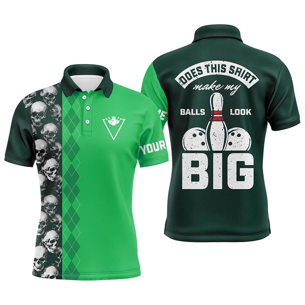 Funny Green Skull Bowling Polo Shirt For Men Custom Name Does This Shirt Make My Balls Look Big, Personalized Bowling Team Shirt Funny Green Skull Bowling Polo Shirt For Men Custom Name Does This Shirt Make My Balls Look Big, Personalized Bowling Team Shirt