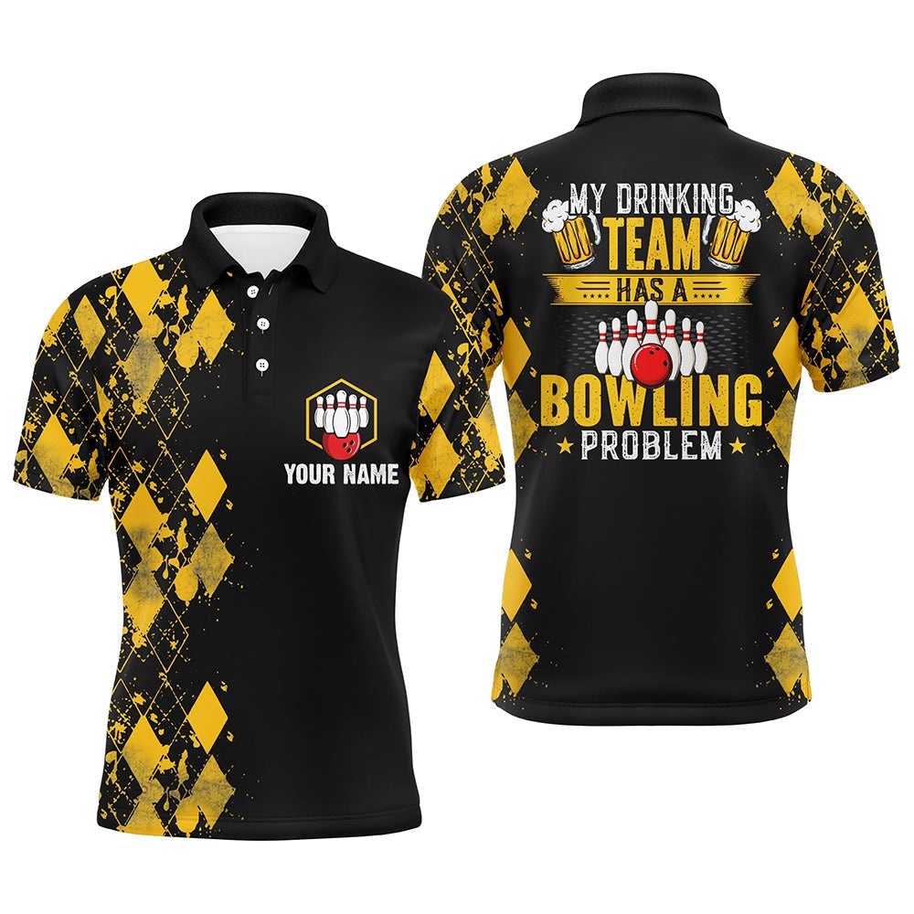 Funny Yellow Argyle Bowling Beer Polo Shirts For Men Custom My Drinking Team Has A Bowling Problem, Personalized Bowling Team Shirt Funny Yellow Argyle Bowling Beer Polo Shirts For Men Custom My Drinking Team Has A Bowling Problem, Personalized Bowling Team Shirt