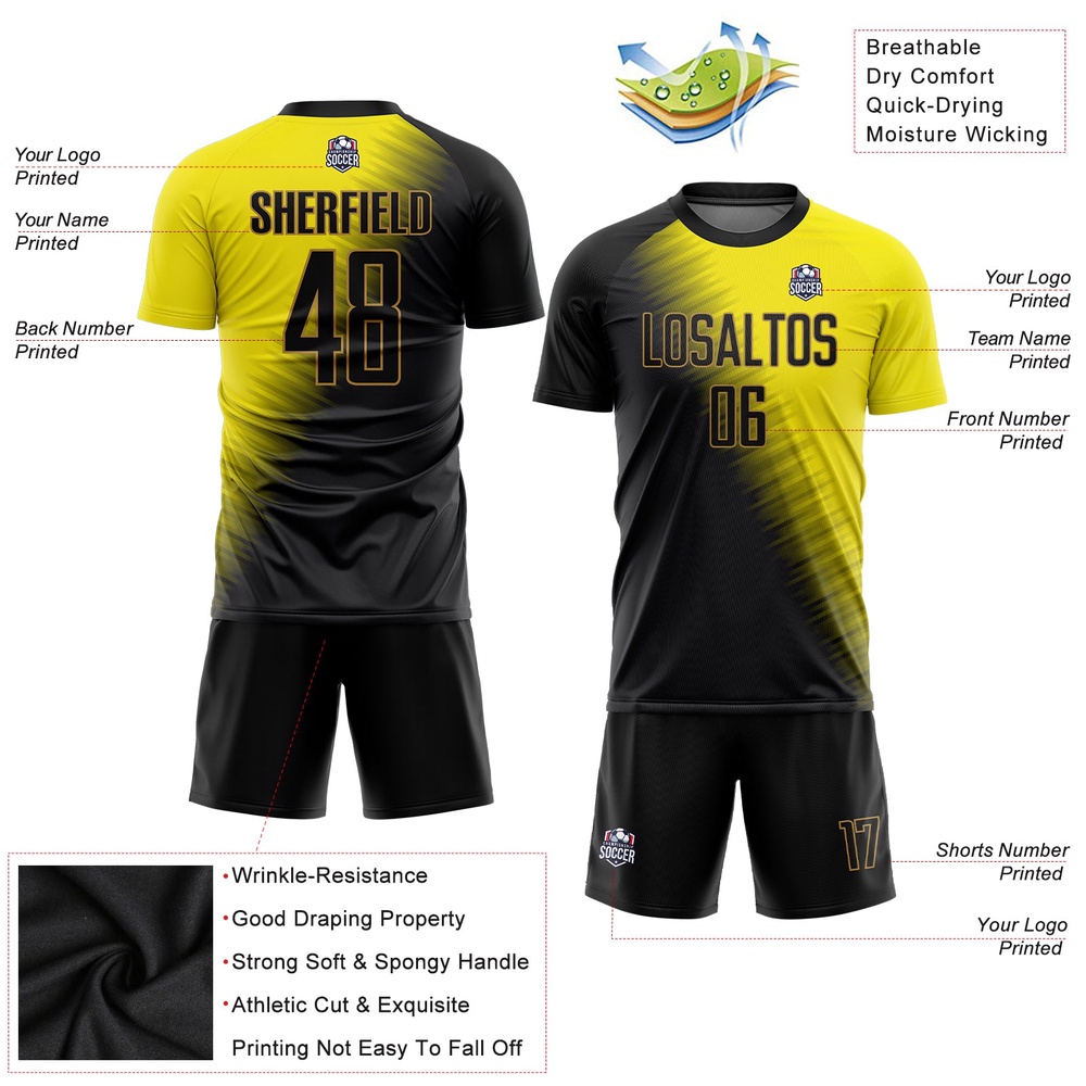 Gold Black Old Gold Sublimation Soccer Uniform Jersey, Custom Team Soccer Jersey Shirt Gold Black Old Gold Sublimation Soccer Uniform Jersey, Custom Team Soccer Jersey Shirt