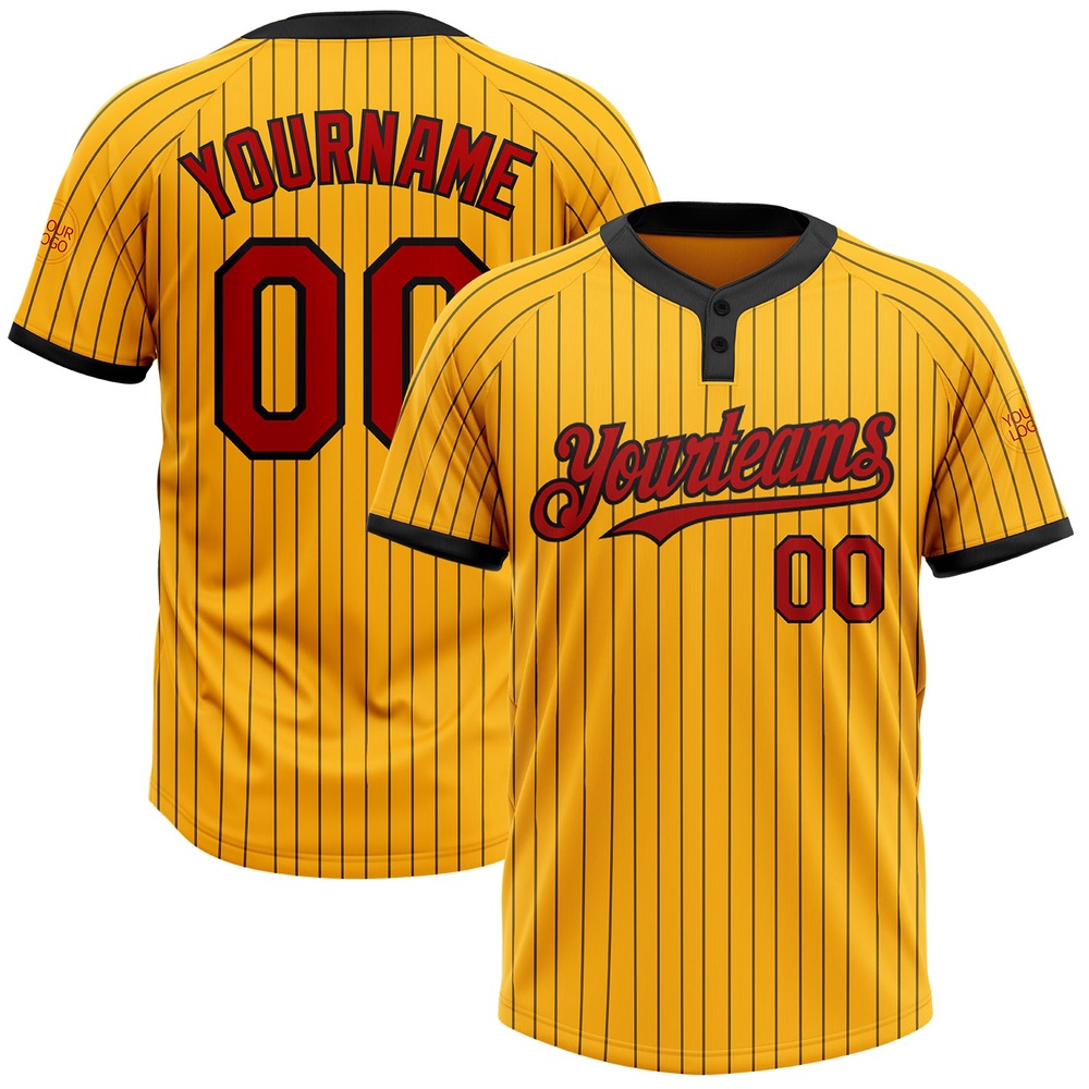 Gold Black Pinstripe Red Two Button Unisex Softball Jersey, Custom Team Softball Jersey Gold Black Pinstripe Red Two Button Unisex Softball Jersey, Custom Team Softball Jersey