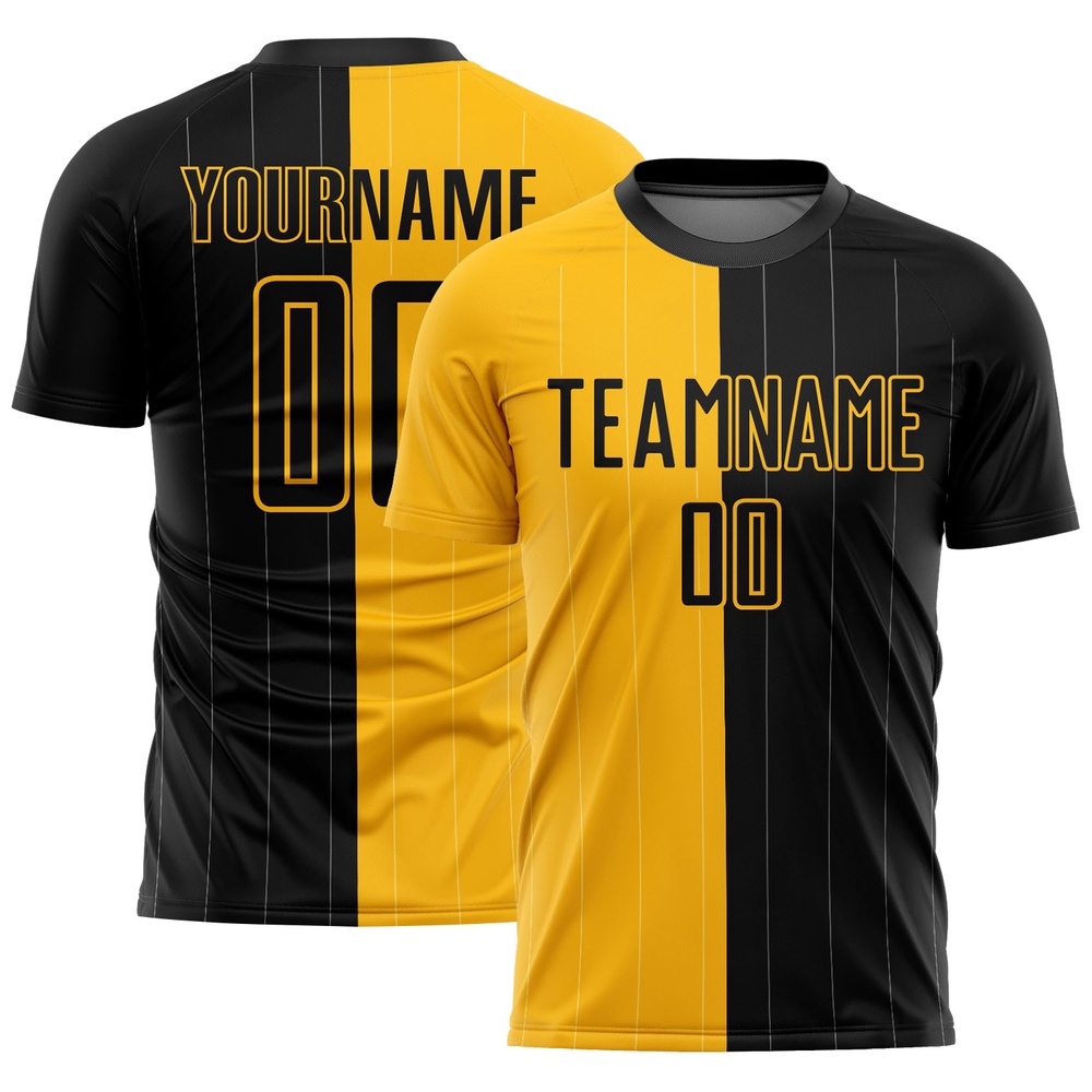 Gold Black Pinstripe Split Fashion Sublimation Soccer Uniform Jersey, Custom Team Soccer Jersey Shirt