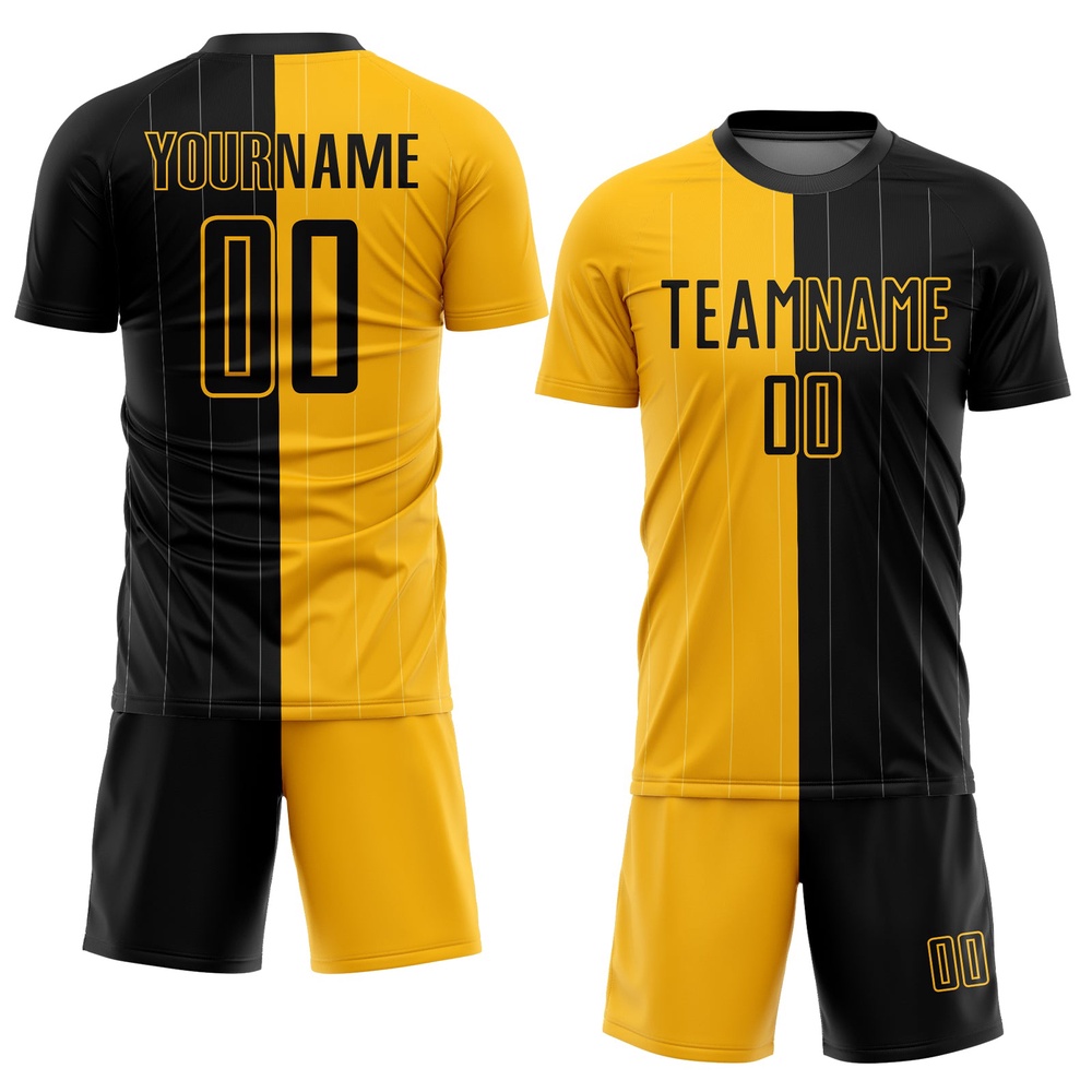 Gold Black Pinstripe Split Fashion Sublimation Soccer Uniform Jersey, Custom Team Soccer Jersey Shirt