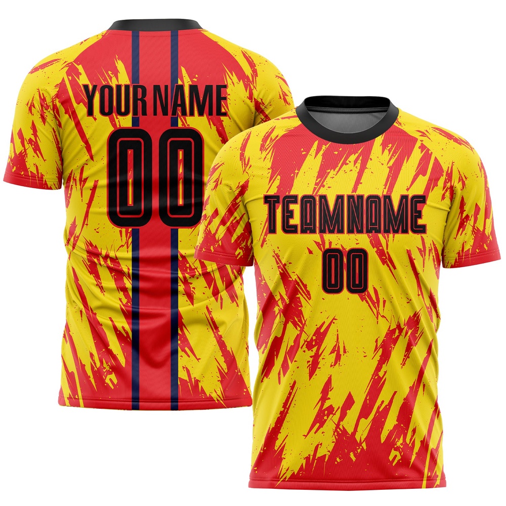 Gold Black Red Sublimation Soccer Uniform Jersey, Custom Team Soccer Jersey Shirt Gold Black Red Sublimation Soccer Uniform Jersey, Custom Team Soccer Jersey Shirt