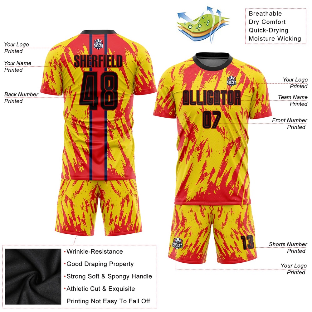 Gold Black Red Sublimation Soccer Uniform Jersey, Custom Team Soccer Jersey Shirt Gold Black Red Sublimation Soccer Uniform Jersey, Custom Team Soccer Jersey Shirt