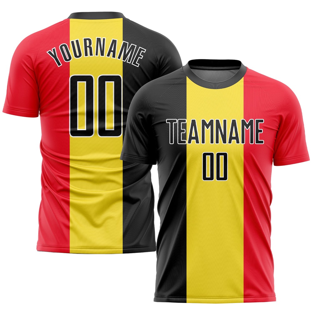 Gold Black Red White Sublimation Belgian Flag Soccer Uniform Jersey, Custom Team Soccer Jersey Shirt Gold Black Red White Sublimation Belgian Flag Soccer Uniform Jersey, Custom Team Soccer Jersey Shirt