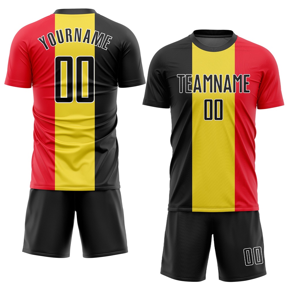 Gold Black Red White Sublimation Belgian Flag Soccer Uniform Jersey, Custom Team Soccer Jersey Shirt Gold Black Red White Sublimation Belgian Flag Soccer Uniform Jersey, Custom Team Soccer Jersey Shirt