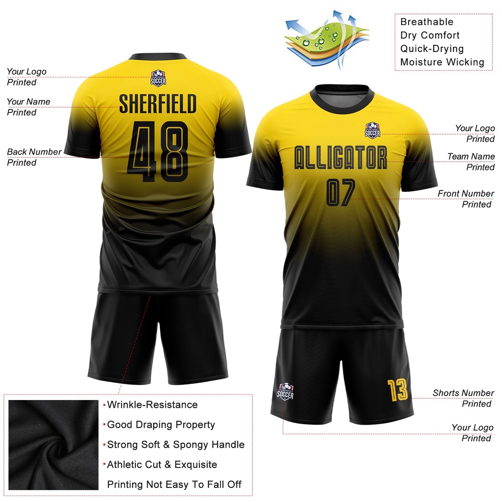 Gold Black Sublimation Fade Fashion Soccer Uniform Jersey, Custom Team Soccer Jersey Shirt Gold Black Sublimation Fade Fashion Soccer Uniform Jersey, Custom Team Soccer Jersey Shirt
