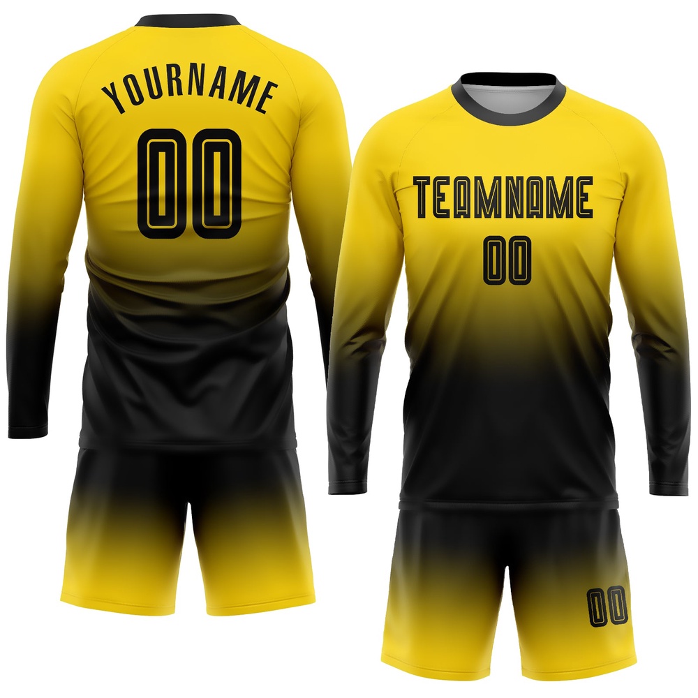 Gold Black Sublimation Long Sleeve Fade Fashion Soccer Uniform Jersey, Custom Team Soccer Jersey Shirt