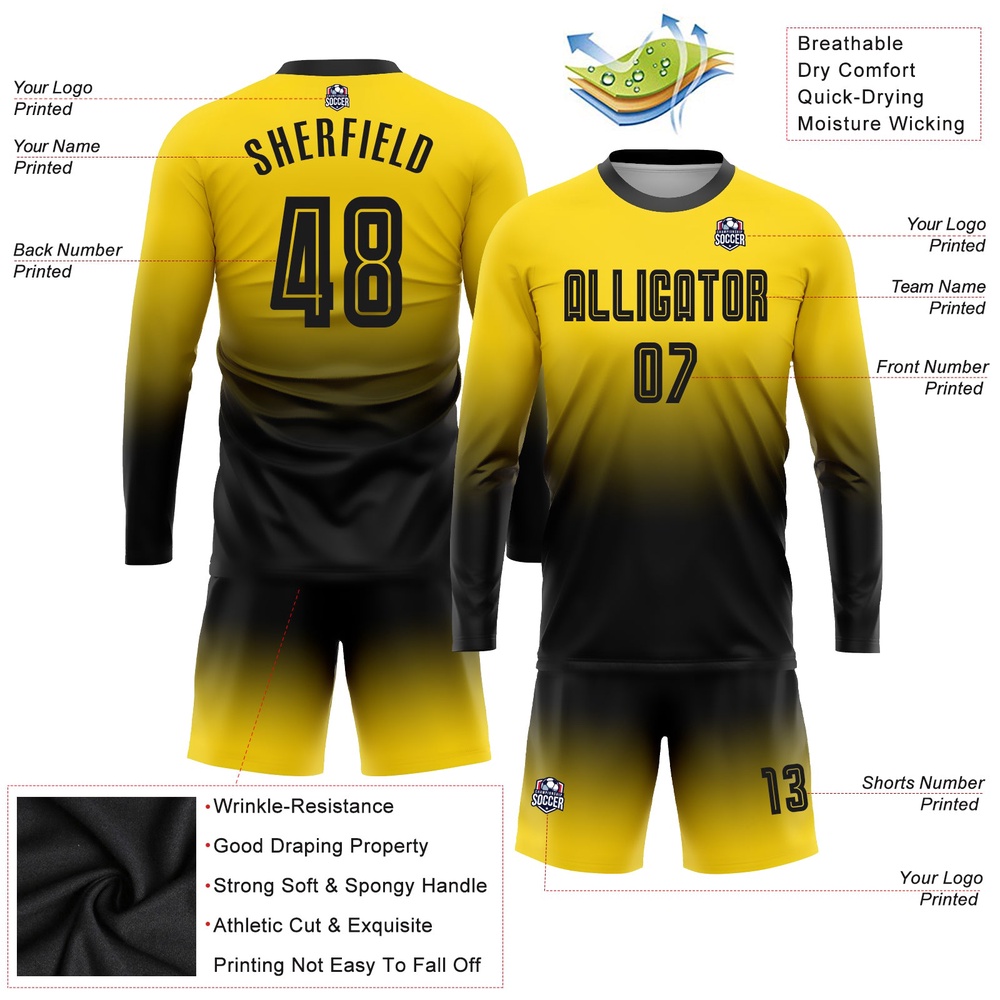 Gold Black Sublimation Long Sleeve Fade Fashion Soccer Uniform Jersey, Custom Team Soccer Jersey Shirt
