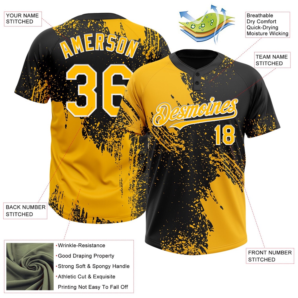 Gold Black White 3D Pattern Abstract Brush Stroke Two Button Unisex Softball Jersey, Custom Team Softball Jersey