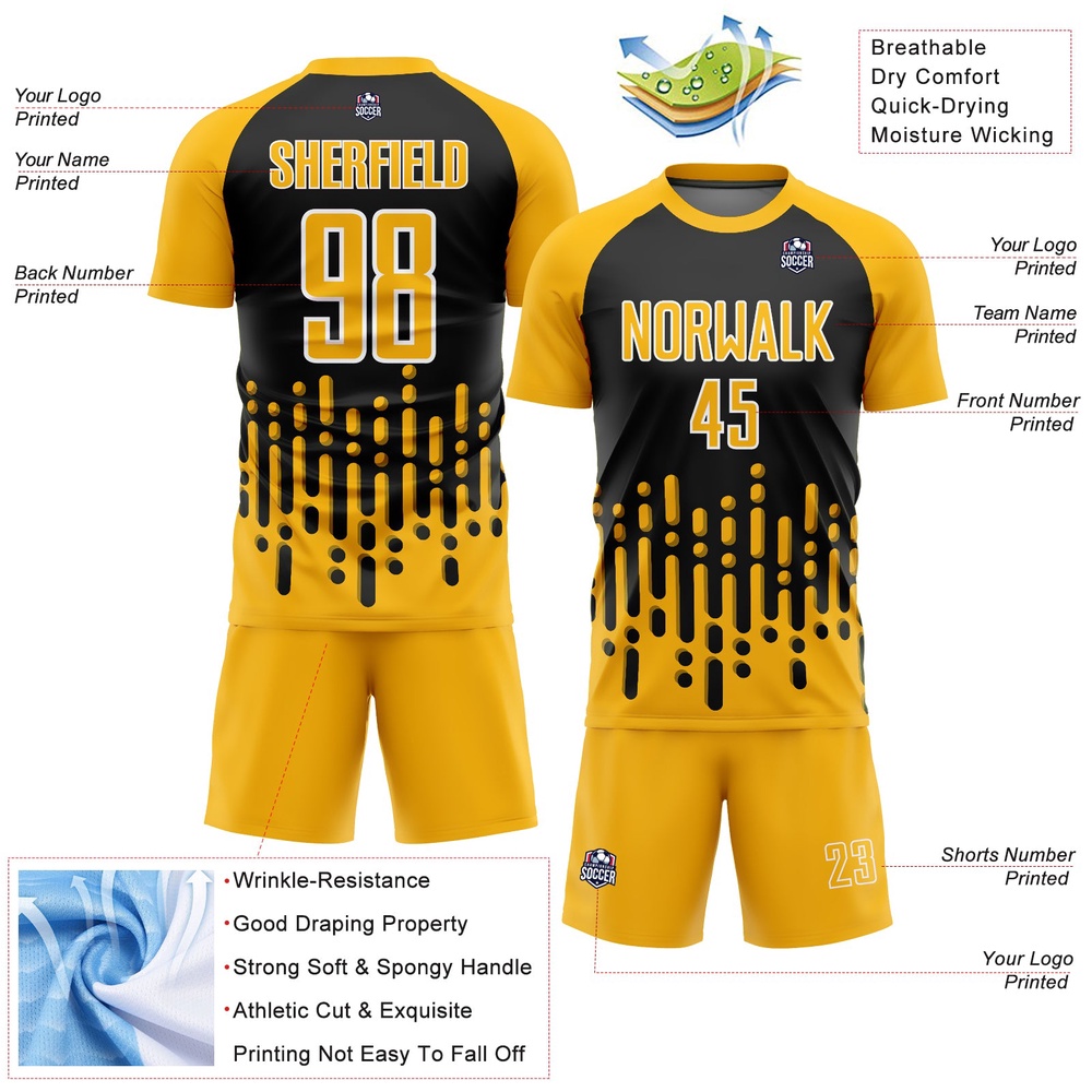 Gold Black White Abstract Fluid Wave Sublimation Soccer Uniform Jersey, Custom Team Soccer Jersey Shirt Gold Black White Abstract Fluid Wave Sublimation Soccer Uniform Jersey, Custom Team Soccer Jersey Shirt