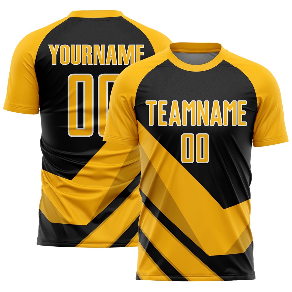 Gold Black White Arrow Shapes Sublimation Soccer Uniform Jersey, Custom Team Soccer Jersey Shirt Gold Black White Arrow Shapes Sublimation Soccer Uniform Jersey, Custom Team Soccer Jersey Shirt