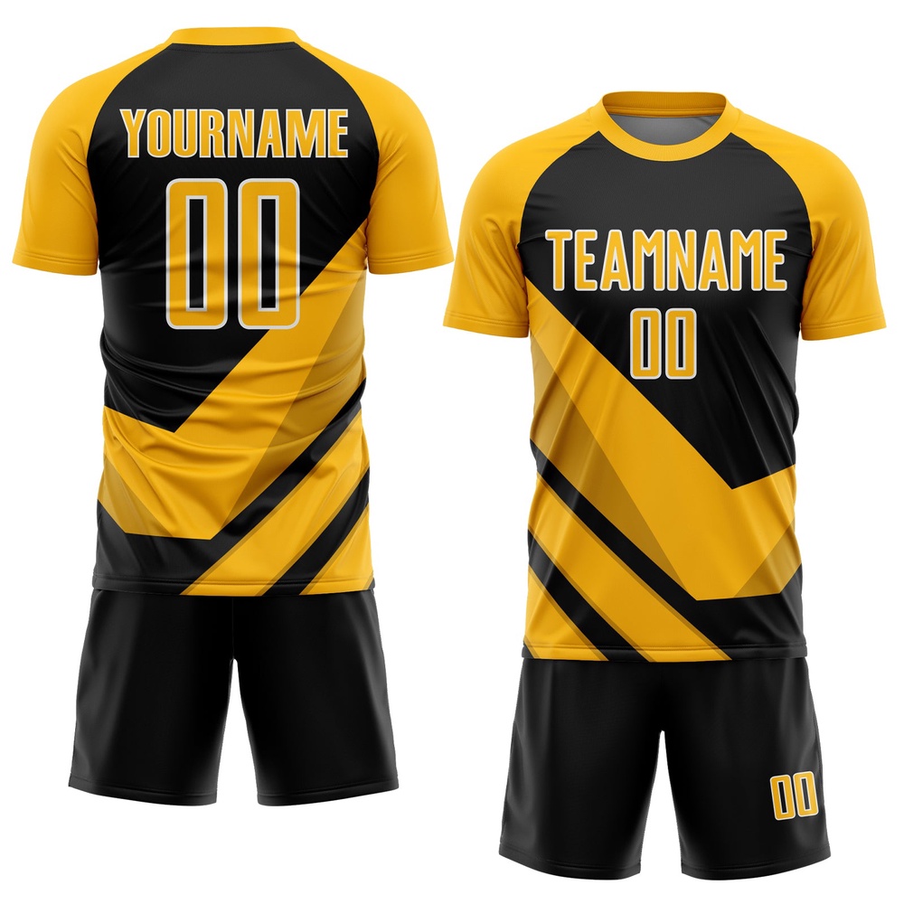 Gold Black White Arrow Shapes Sublimation Soccer Uniform Jersey, Custom Team Soccer Jersey Shirt Gold Black White Arrow Shapes Sublimation Soccer Uniform Jersey, Custom Team Soccer Jersey Shirt