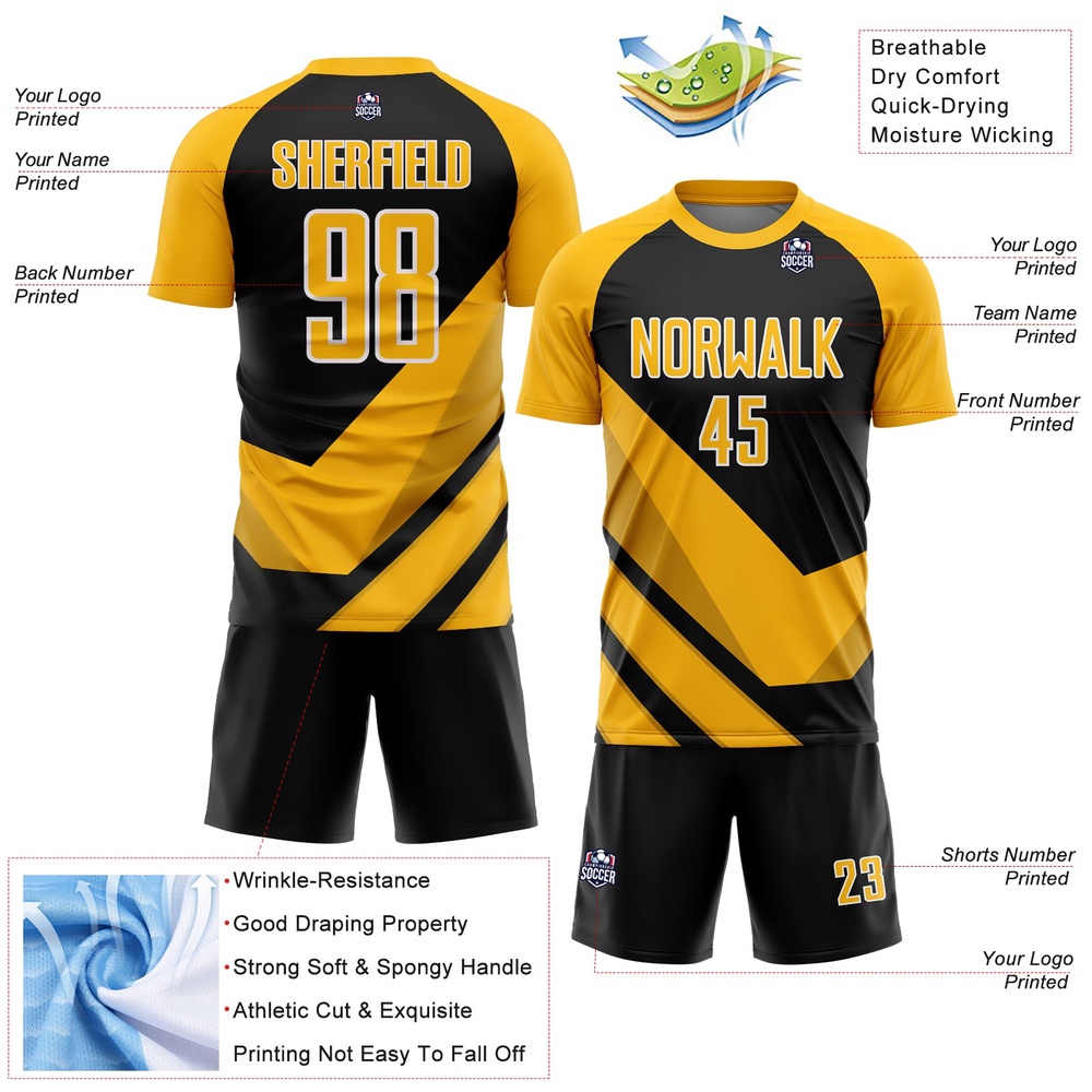 Gold Black White Arrow Shapes Sublimation Soccer Uniform Jersey, Custom Team Soccer Jersey Shirt Gold Black White Arrow Shapes Sublimation Soccer Uniform Jersey, Custom Team Soccer Jersey Shirt