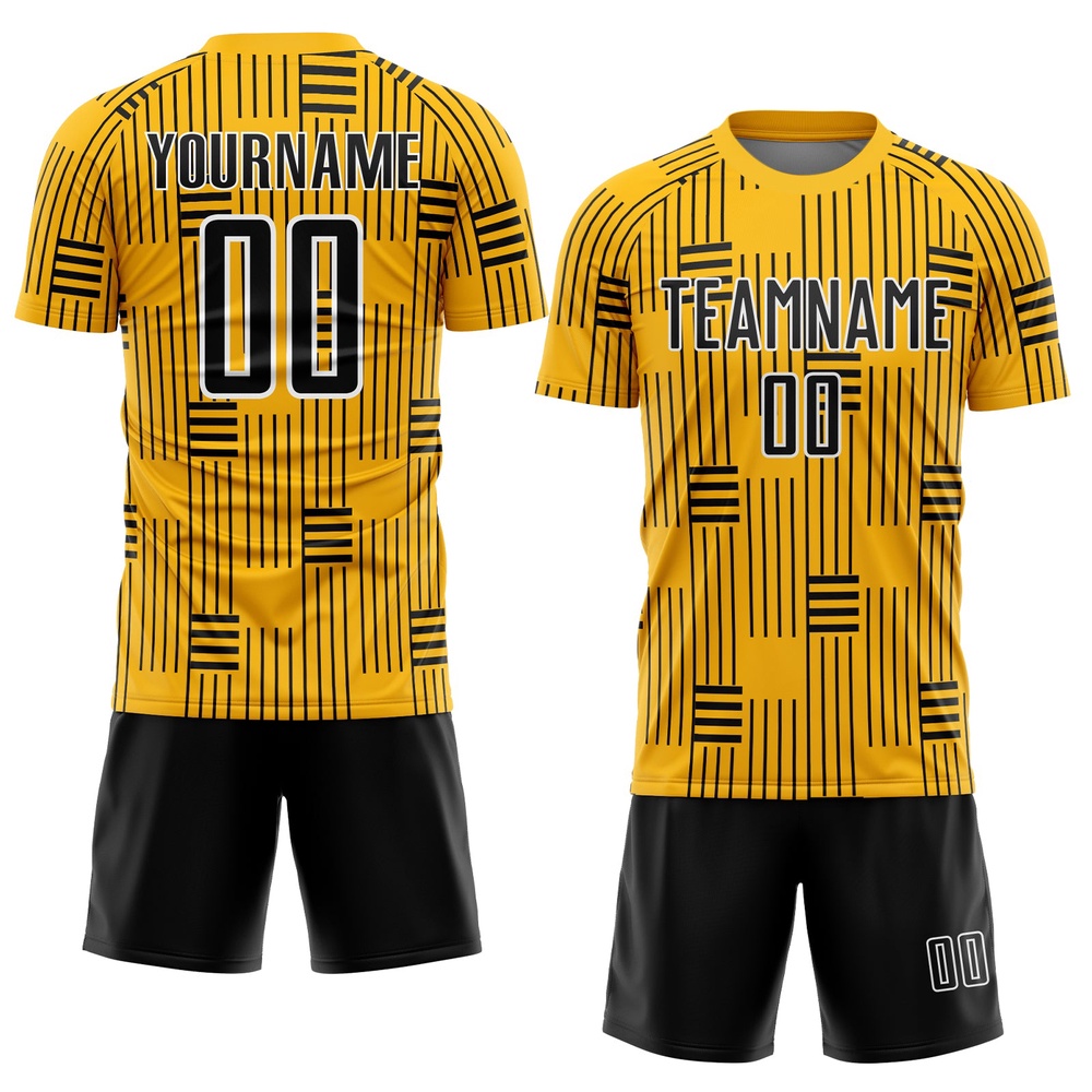 Gold Black White Lines Sublimation Soccer Uniform Jersey, Custom Team Soccer Jersey Shirt Gold Black White Lines Sublimation Soccer Uniform Jersey, Custom Team Soccer Jersey Shirt