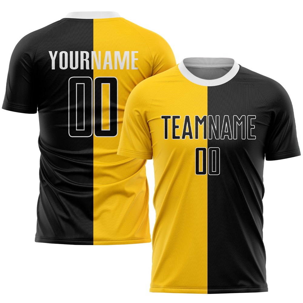 Gold Black White Sublimation Split Fashion Soccer Uniform Jersey, Custom Team Soccer Jersey Shirt