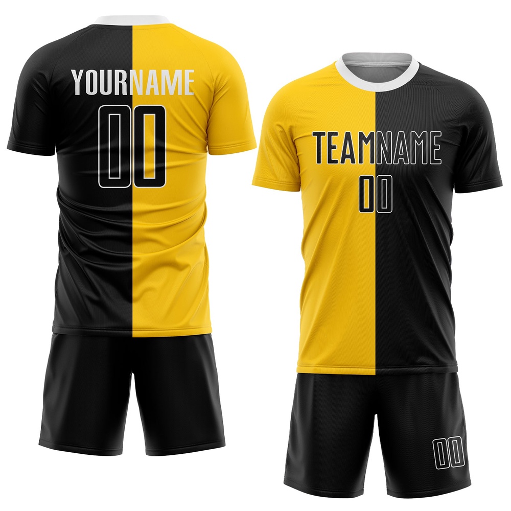 Gold Black White Sublimation Split Fashion Soccer Uniform Jersey, Custom Team Soccer Jersey Shirt