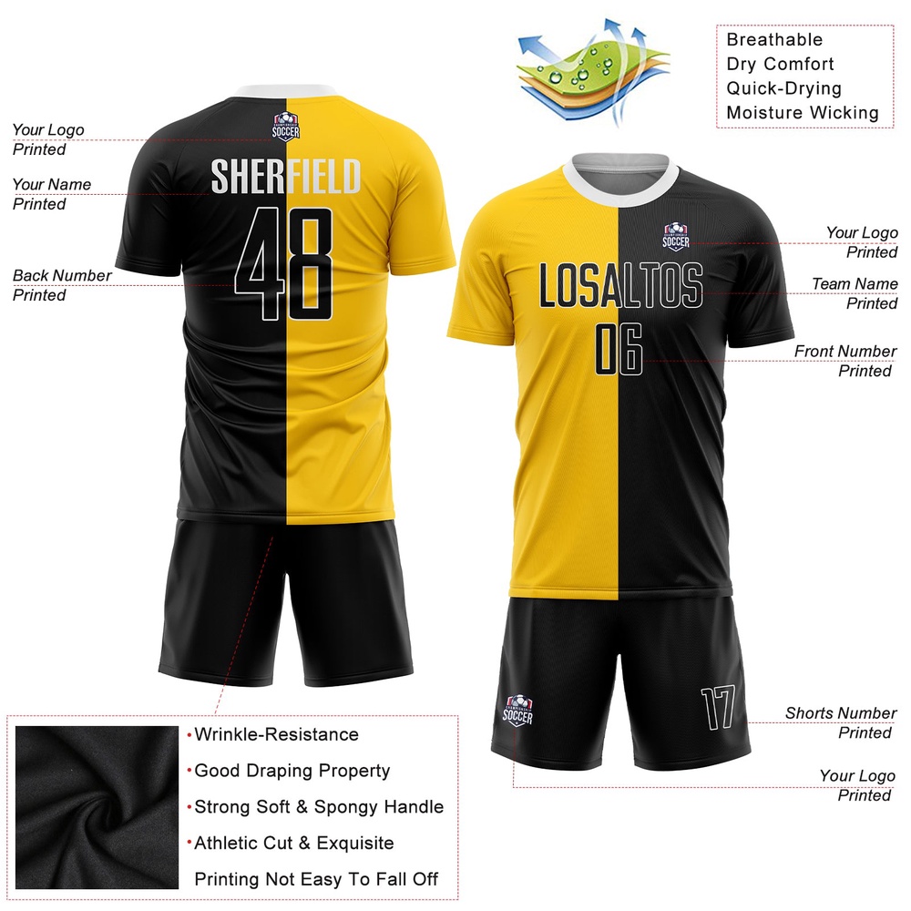 Gold Black White Sublimation Split Fashion Soccer Uniform Jersey, Custom Team Soccer Jersey Shirt