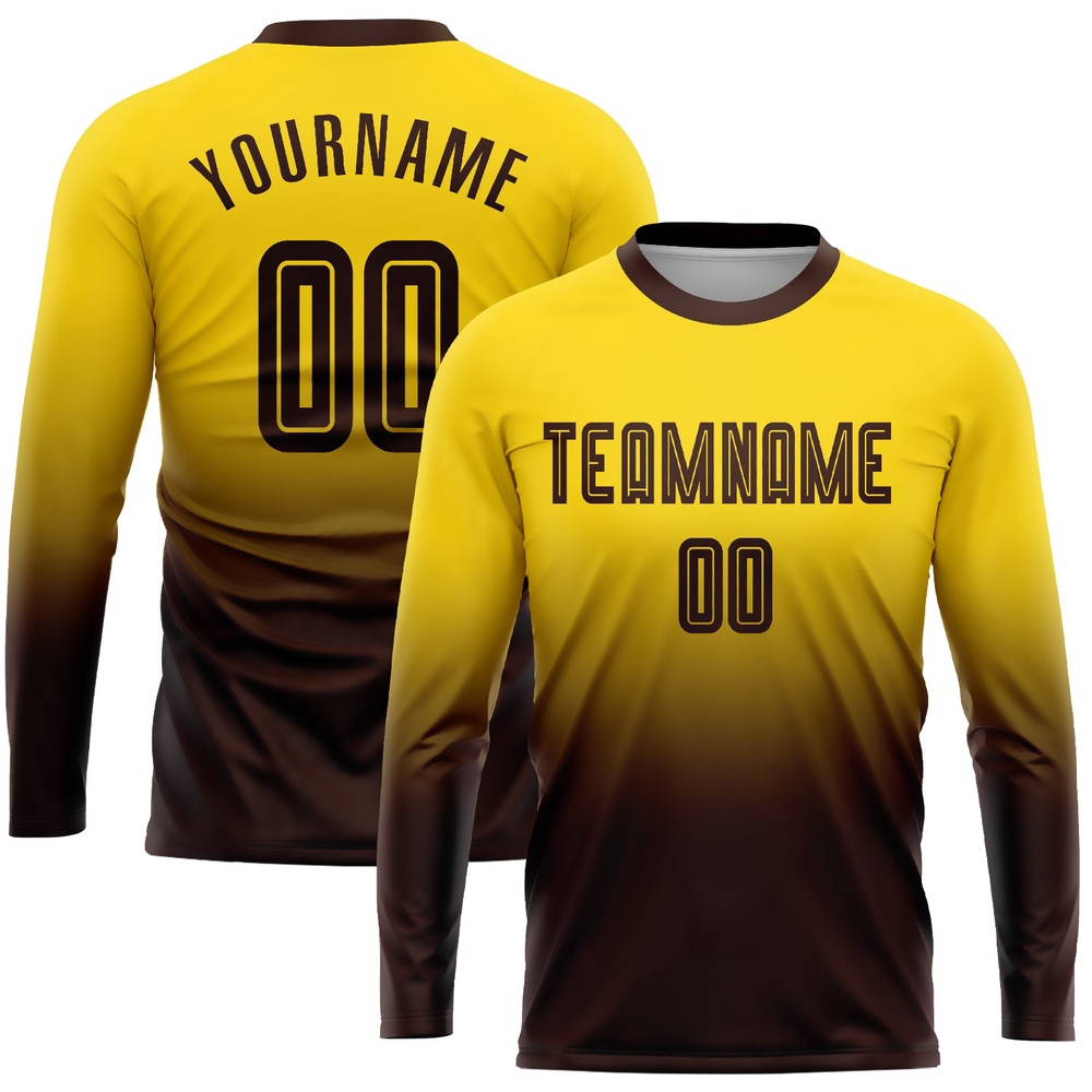 Gold Brown Sublimation Long Sleeve Fade Fashion Soccer Uniform Jersey, Custom Team Soccer Jersey Shirt Gold Brown Sublimation Long Sleeve Fade Fashion Soccer Uniform Jersey, Custom Team Soccer Jersey Shirt