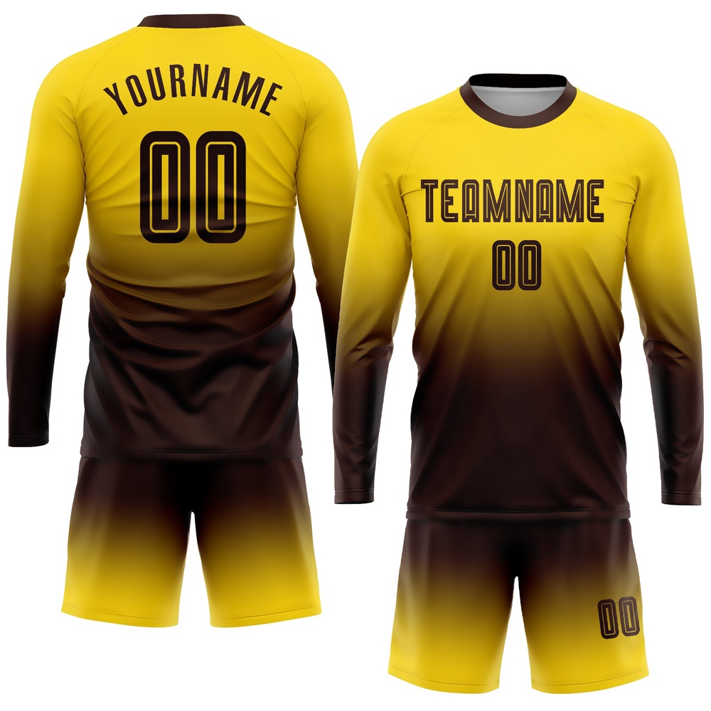 Gold Brown Sublimation Long Sleeve Fade Fashion Soccer Uniform Jersey, Custom Team Soccer Jersey Shirt Gold Brown Sublimation Long Sleeve Fade Fashion Soccer Uniform Jersey, Custom Team Soccer Jersey Shirt
