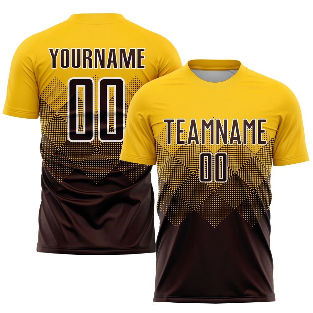 Gold Brown White Sublimation Soccer Uniform Jersey, Custom Team Soccer Jersey Shirt Gold Brown White Sublimation Soccer Uniform Jersey, Custom Team Soccer Jersey Shirt