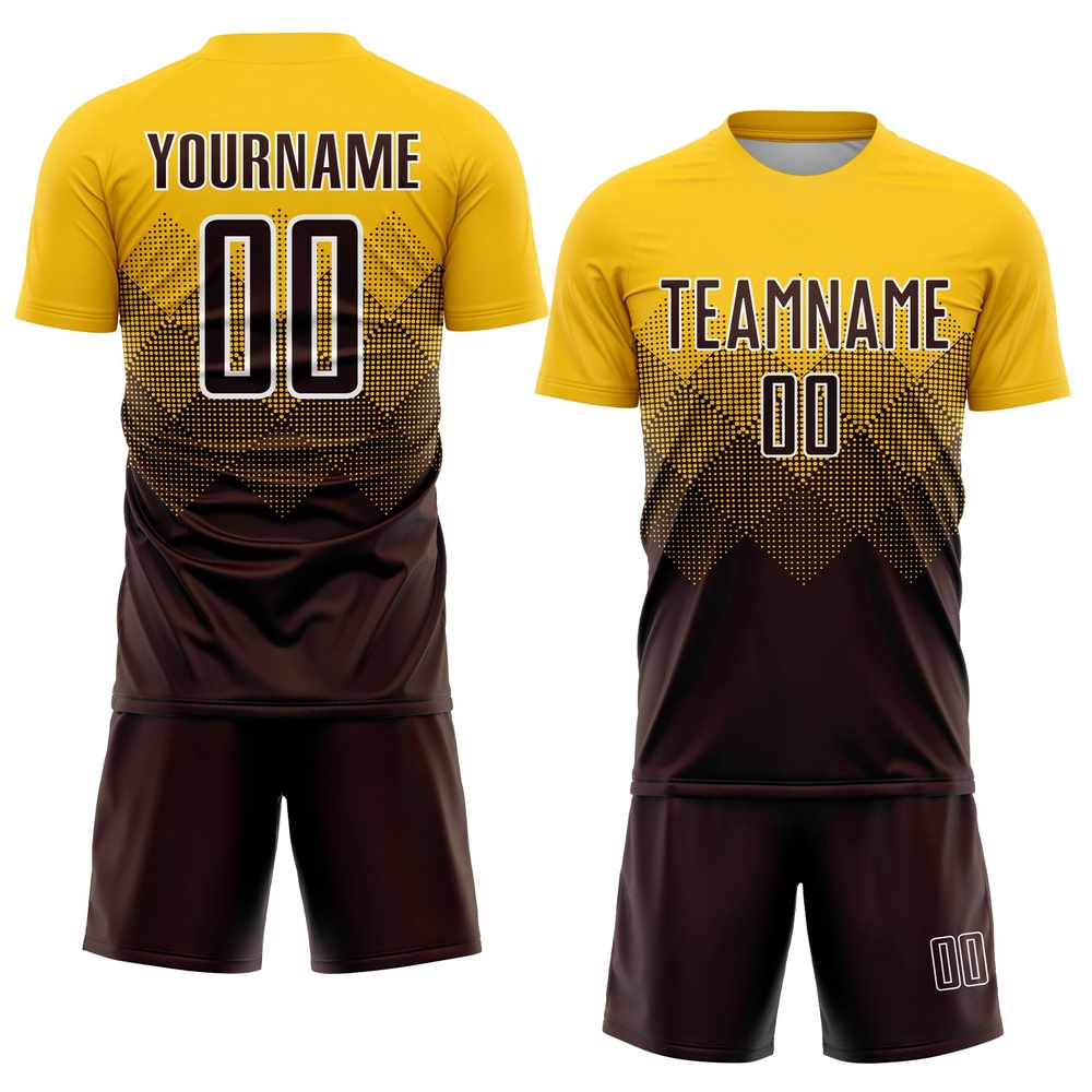 Gold Brown White Sublimation Soccer Uniform Jersey, Custom Team Soccer Jersey Shirt Gold Brown White Sublimation Soccer Uniform Jersey, Custom Team Soccer Jersey Shirt