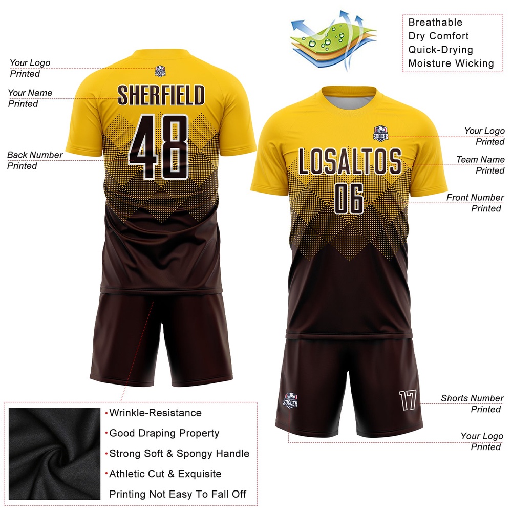 Gold Brown White Sublimation Soccer Uniform Jersey, Custom Team Soccer Jersey Shirt Gold Brown White Sublimation Soccer Uniform Jersey, Custom Team Soccer Jersey Shirt