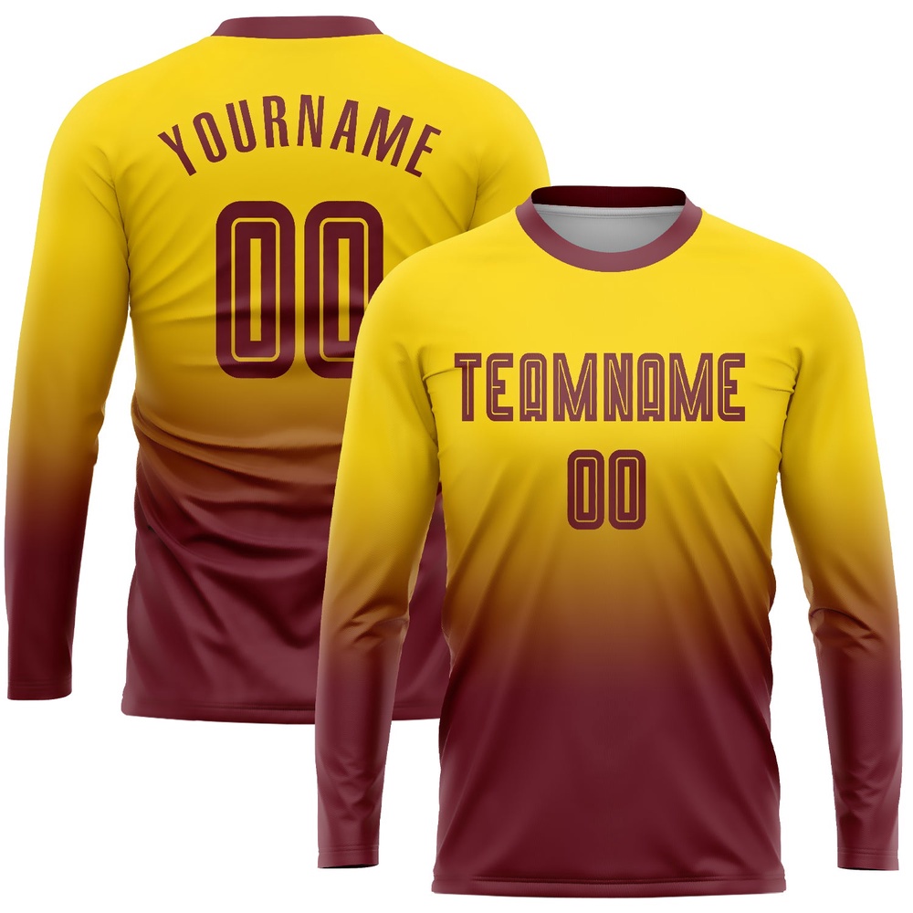 Gold Burgundy Sublimation Long Sleeve Fade Fashion Soccer Uniform Jersey, Custom Team Soccer Jersey Shirt