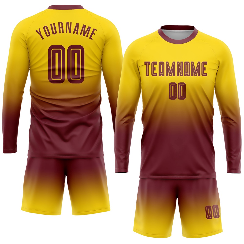Gold Burgundy Sublimation Long Sleeve Fade Fashion Soccer Uniform Jersey, Custom Team Soccer Jersey Shirt
