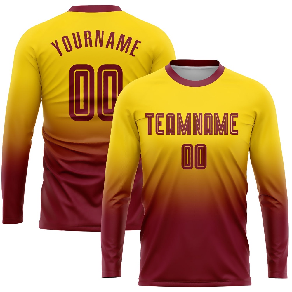 Gold Crimson Sublimation Long Sleeve Fade Fashion Soccer Uniform Jersey, Custom Team Soccer Jersey Shirt