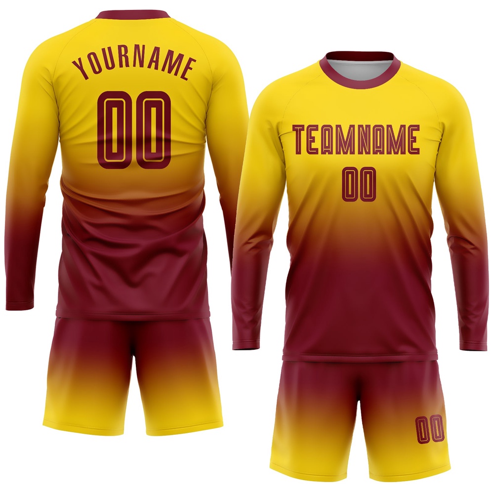 Gold Crimson Sublimation Long Sleeve Fade Fashion Soccer Uniform Jersey, Custom Team Soccer Jersey Shirt